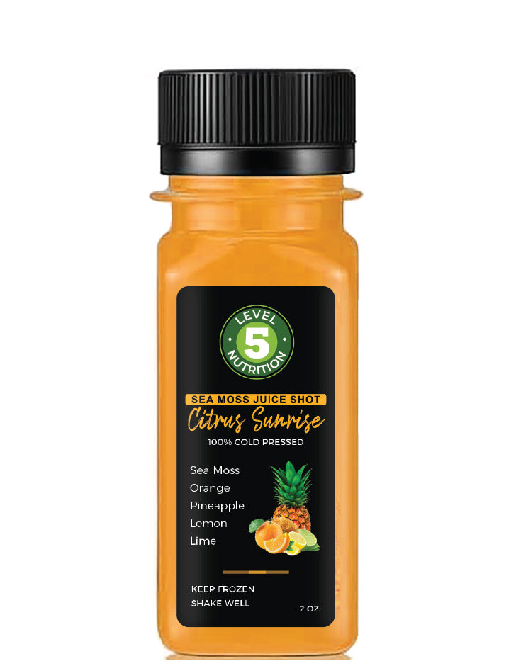 Ingredients: sea moss, orange, pineapple, lemon, lime
Description: Includes 12 (2 oz) shots. Wildcrafted sea moss infused with cold-pressed pineapple & orange juice